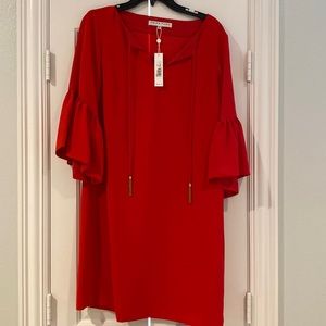 Trina Turk Scoop Neck Keyhole Front Bell Sleeve Red Baroque Crepe Dress